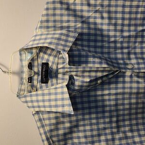 Lands End supima cotton button down dress shirt blue white yellow plaid